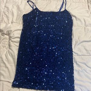 Blue Sequin Spaghetti Strap Dress